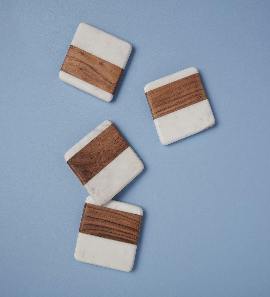 Allred Collaborative - Be Home - White Marble & Wood Square Coasters, Set of 4 - White Marble & Wood Square Coasters, Set of 4 - 58-73W