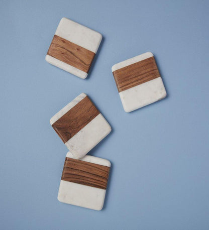 Allred Collaborative - Be Home - White Marble & Wood Square Coasters, Set of 4 - White Marble & Wood Square Coasters, Set of 4 - 58-73W