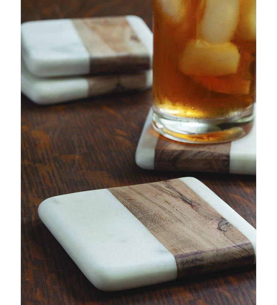 Allred Collaborative - Be Home - White Marble & Wood Square Coasters, Set of 4 - White Marble & Wood Square Coasters, Set of 4 - 58-73W