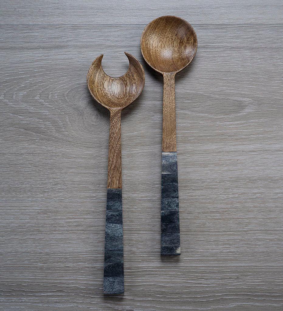 Allred Collaborative - Zodax - Mango Wood Salad Servers with Inlaid Bone Handle - Mango Wood Salad Servers with Inlaid Bone Handle - IN-6789