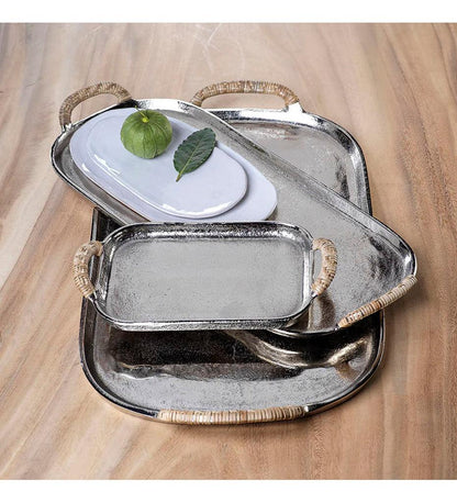 Allred Collaborative - Zodax - Mauritius Raw Aluminum Tray with Cane Wrapped Handles - Mauritius Raw Aluminum Tray with Cane Wrapped Handles - IN-6721