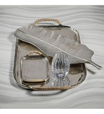 Allred Collaborative - Zodax - Mauritius Raw Aluminum Tray with Cane Wrapped Handles - Mauritius Raw Aluminum Tray with Cane Wrapped Handles - IN-6721